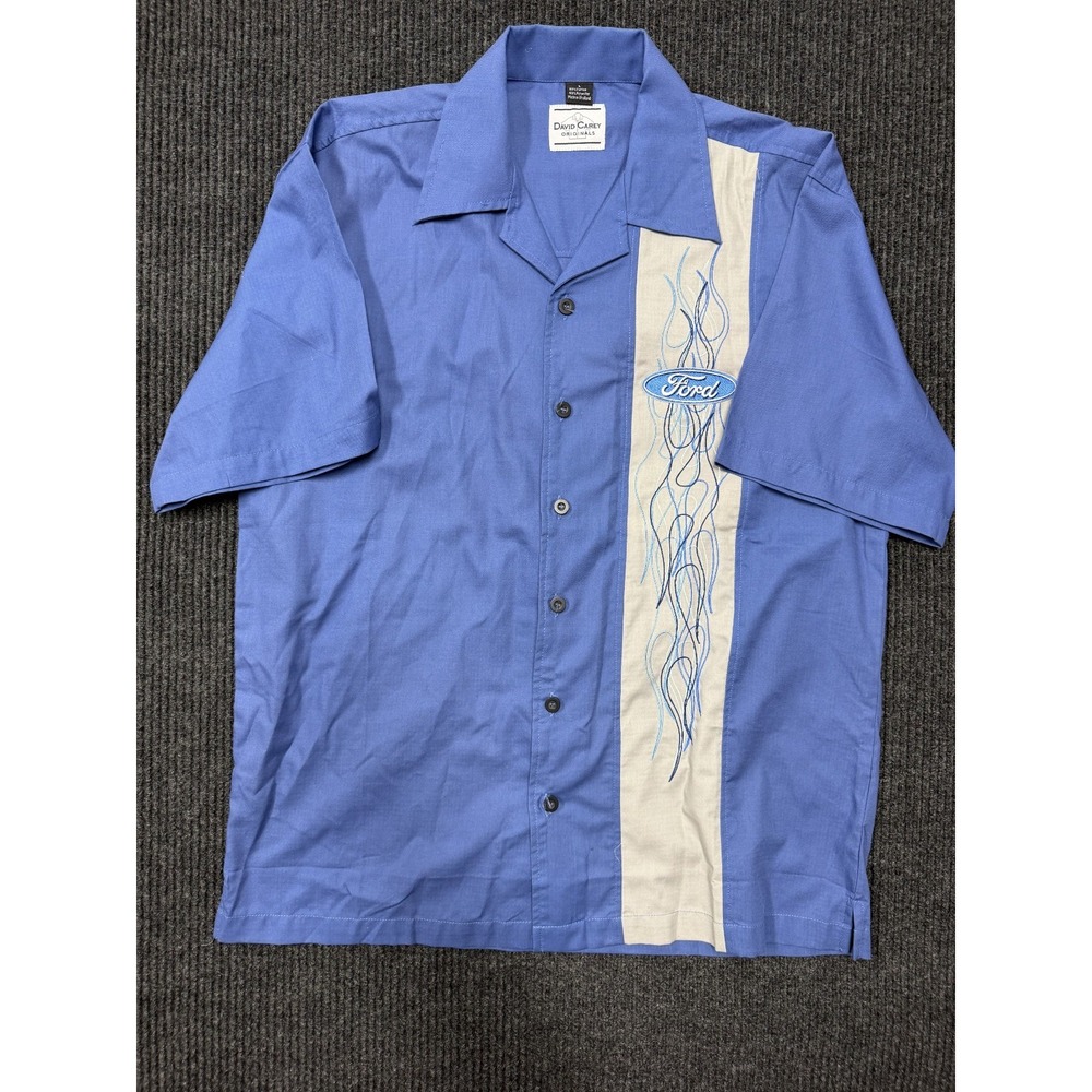 David Carey Ford Button Up Shirt Mens L Blue Racing Bowling Flames Retro